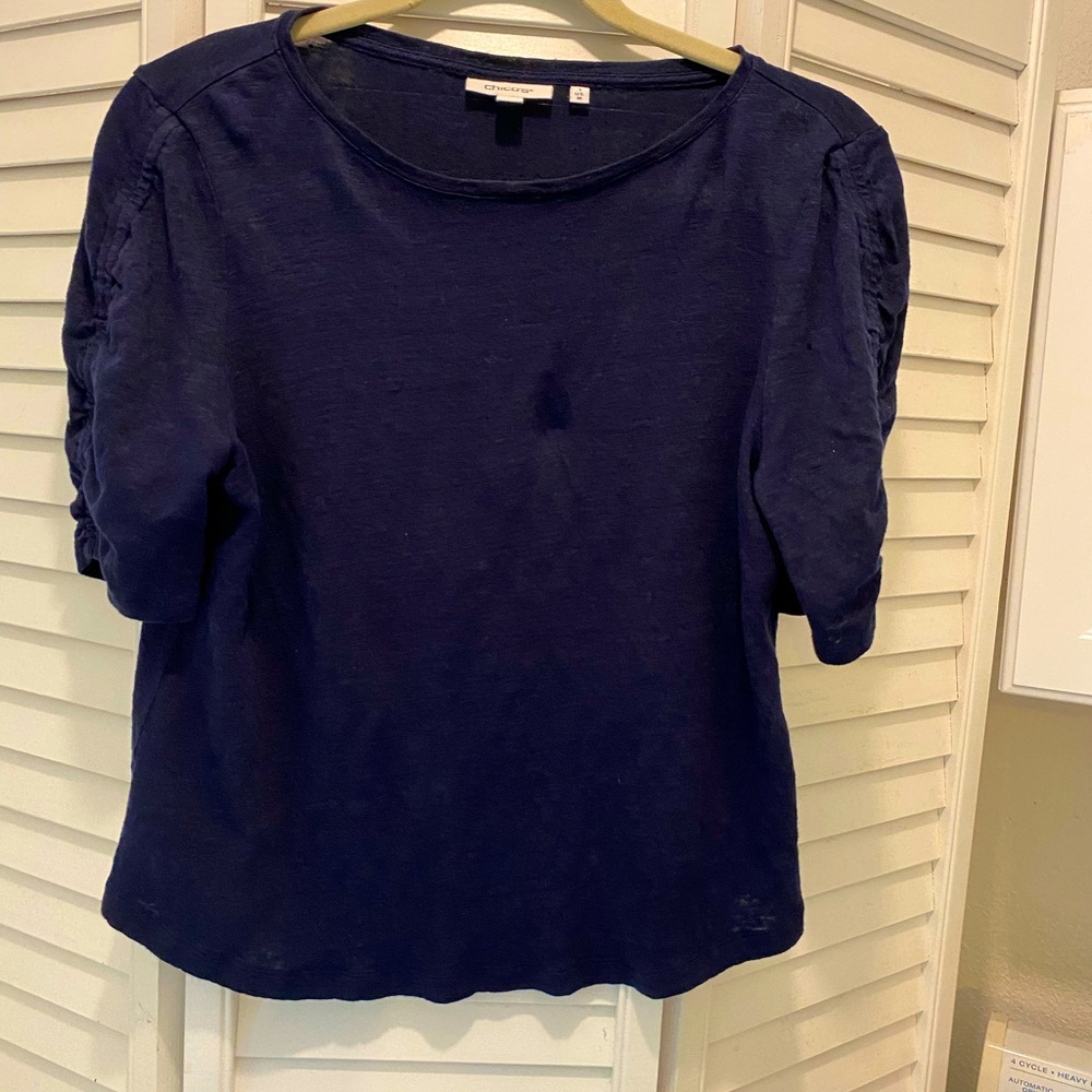 CHICO’S Women’s “Cinched 3/4 Sleeve Top” Size Medium (1) Navy Blue EUC